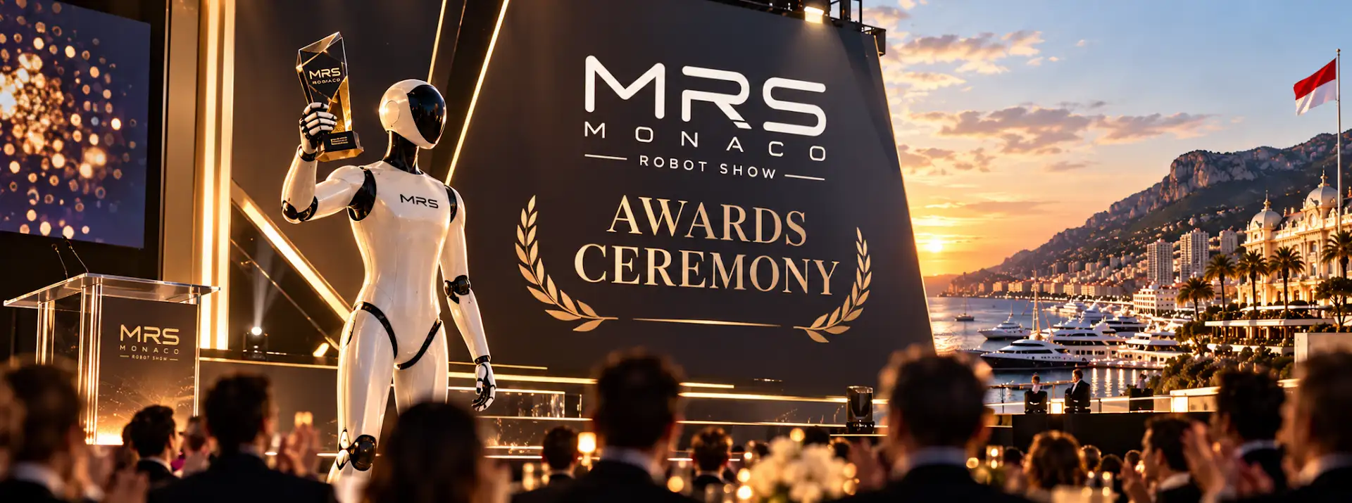 A humanoid robot raises a trophy on the MRS Awards Ceremony stage, with Monaco's harbour at sunset